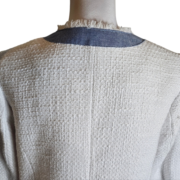 Talbots Petites White Denim Tweed Blazer Jacket Size 12P Button Up Fringed Chic - Picture 10 of 16